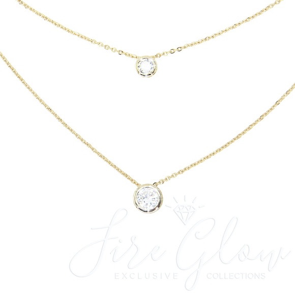 2 Tier Double Round Gems Charm Necklace Gold Tone - Picture 12 of 12